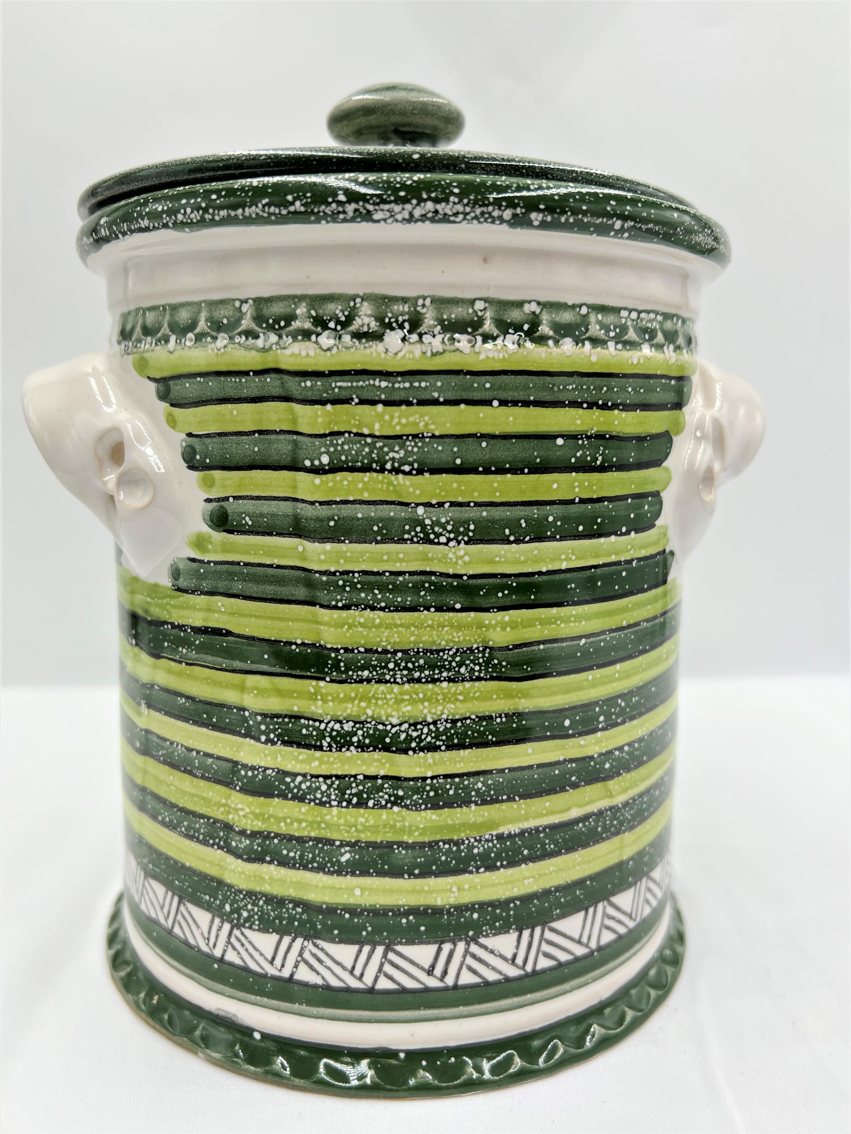 Keramiktopf mit Deckel, grün gestreift